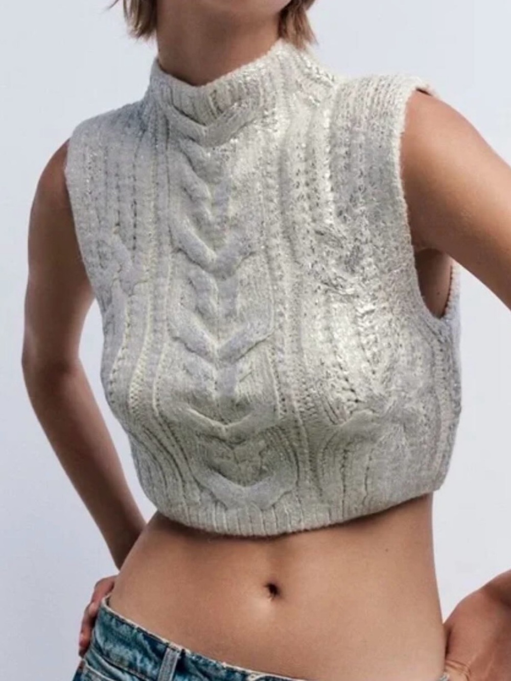 ZARA Metallic CableKnit Vest Sweater Pullover